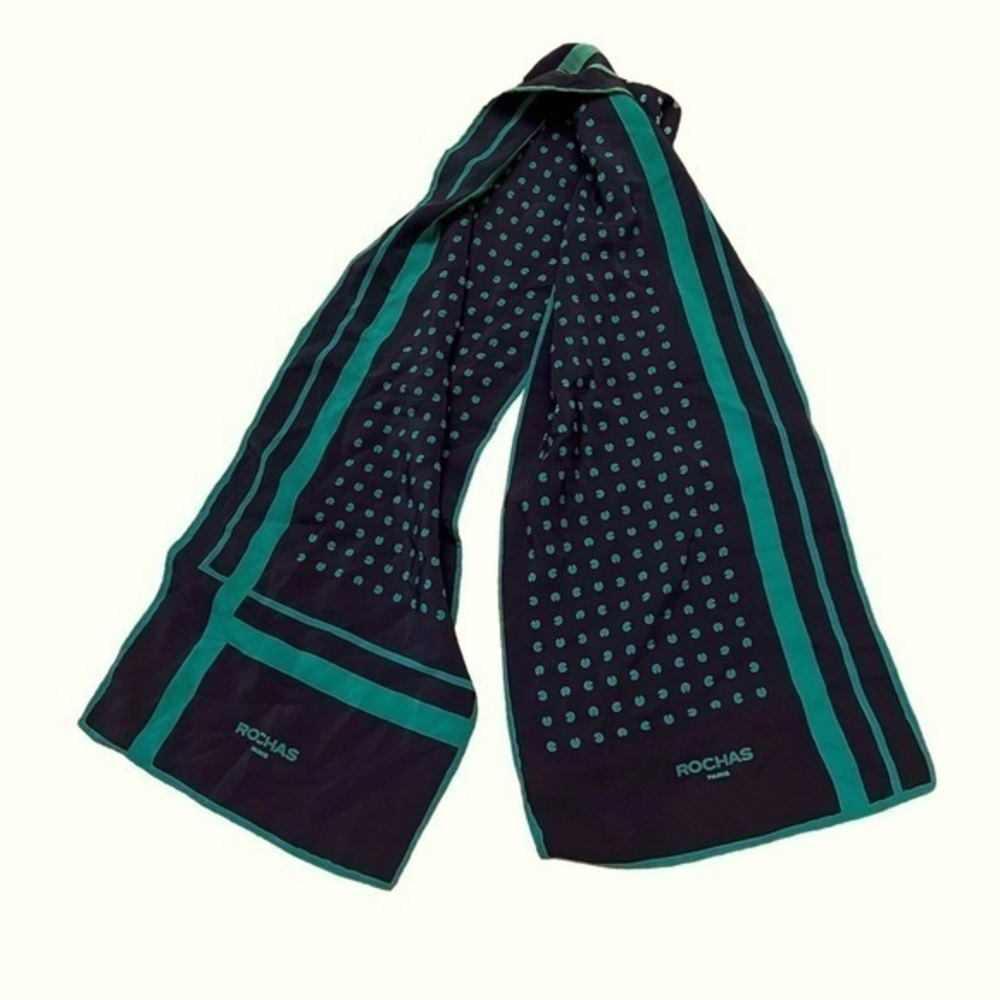 Vintage Rochas Paris Oblong Navy Blue & Green Silk Print Scarf